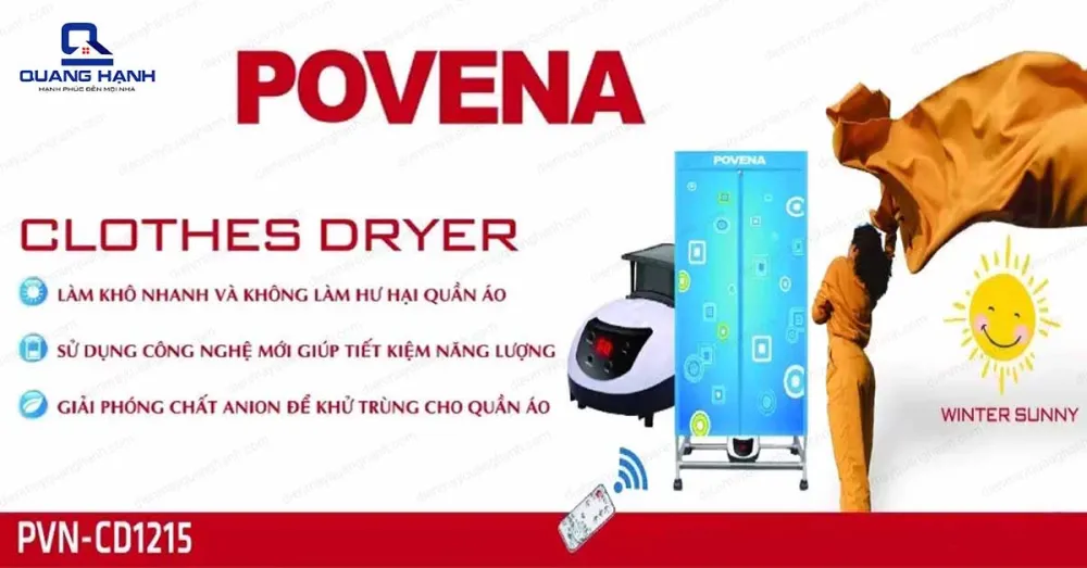 Tủ sấy quần áo Povena PVN-CD1215 làm khô nhanh không gây hư hại quần áo.