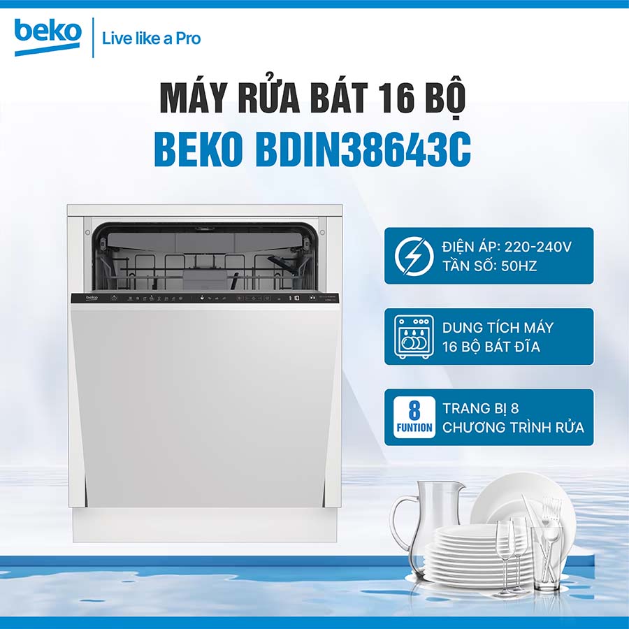 Máy rửa bát âm tủ 16 bộ Beko BDIN38643C