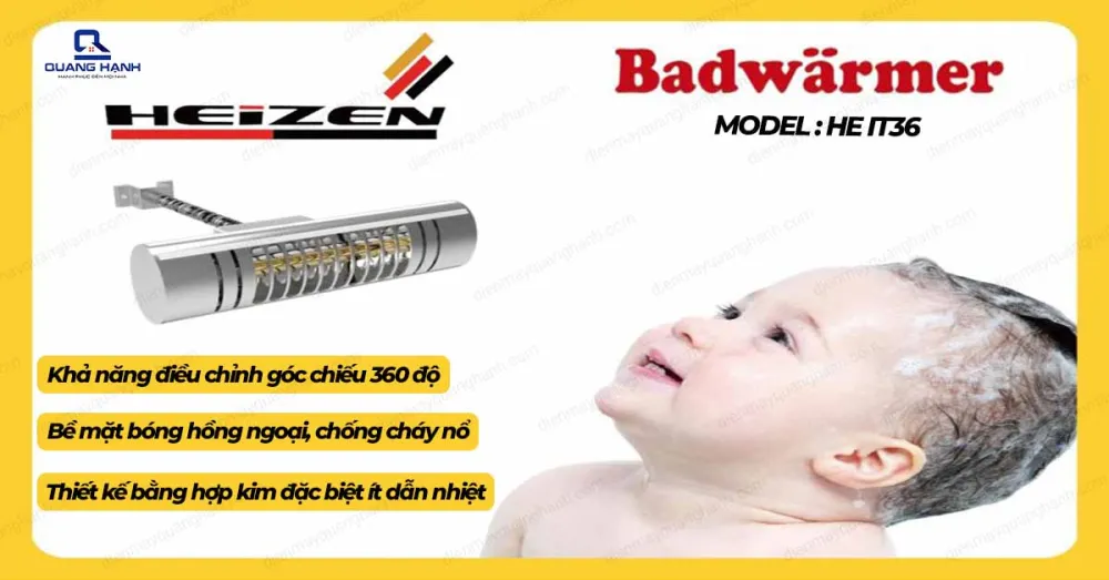 Đèn sưởi nhà tắm Heizen HE-IT36 có khả năng điều chỉnh góc chiếu 360 độ, bề mặt bóng hồng ngoại chống cháy nổ, thiết kế bằng hợp kim ít dẫn nhiệt.