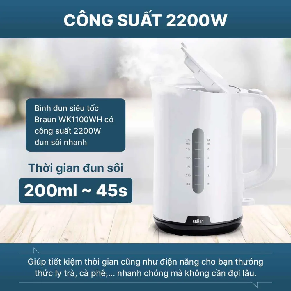 Đun nước nhanh chóng, tiết kiệm thời gian với công suất 2200W