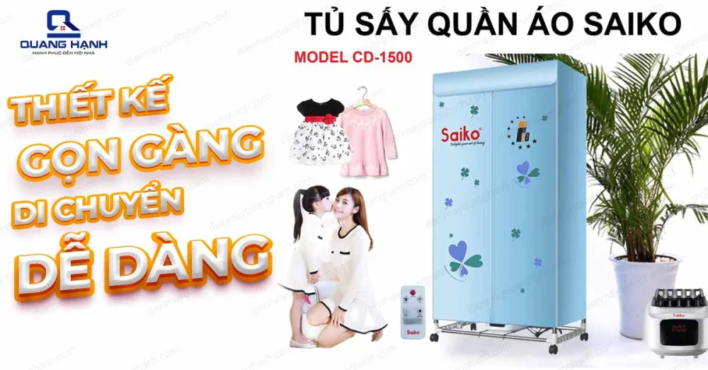 Tủ sấy quần áo Saiko CD-1500 thiết kế gọn gàng, di chuyển dễ dàng.