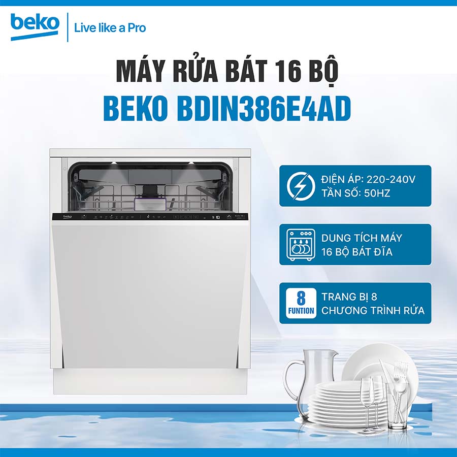 Máy rửa bát âm tủ 16 bộ Beko BDIN386E4AD