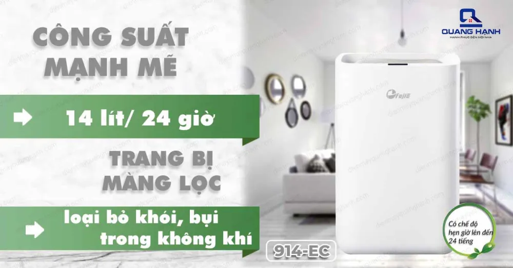 Máy hút ẩm Fujie HM-914 EC có công suất mạnh mẽ và trang bị màng lọc giúp diệt khuẩn, bụi khói trong không khí.