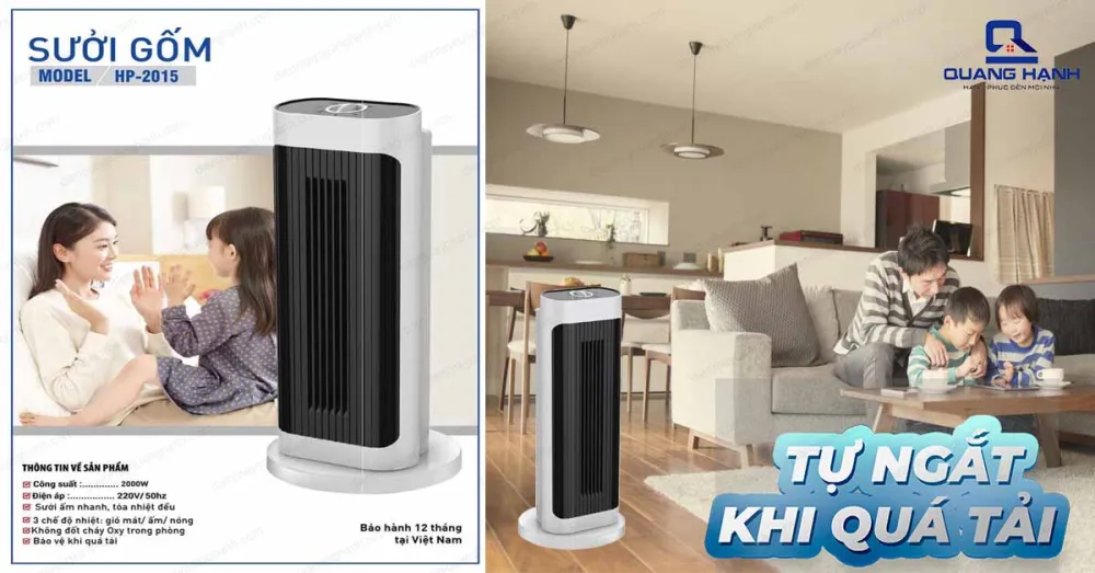 Quạt sưởi gốm Saiko HP 2015 tự đông ngắt khi nhiệt quá tải hay máy bị nghiêng đổ vô cùng an toàn.