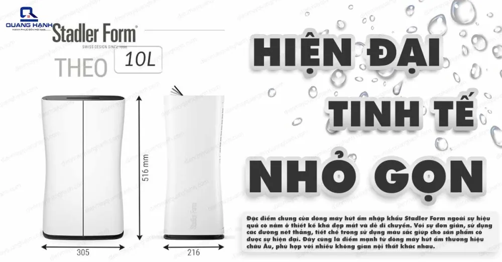 Máy hút ẩm Stadler Form Theo 10L có thiết kế hiện đại, nhỏ gọn, tinh tế dễ di chuyển bằng tay.