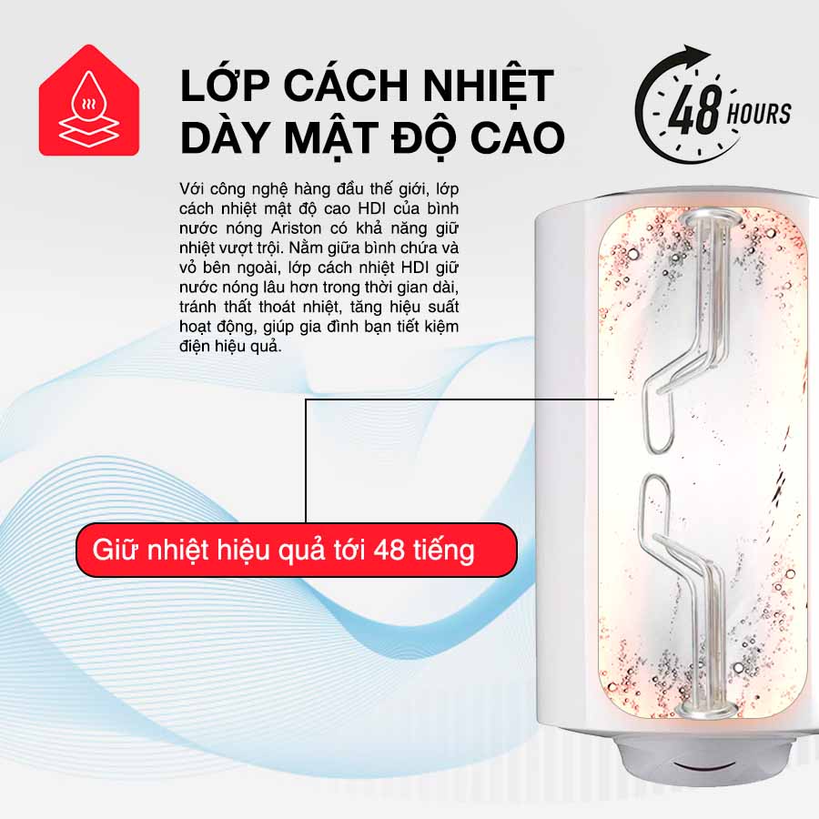 Bình nóng lạnh Ariston PRO R 50 V 2.5 FE tích hợp lớp cách nhiệt mật độ cao HDI