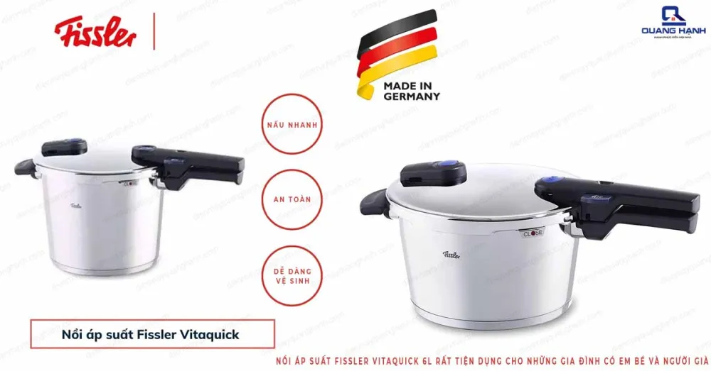 Nồi áp suất Fissler Vitaquick 6L nấu nhanh, an toàn và dễ dàng vệ sinh.
