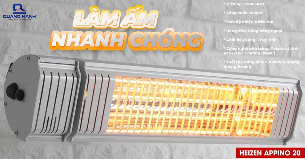 Đèn sưởi nhà tắm Heizen Appino 20 làm ấm nhanh chóng.