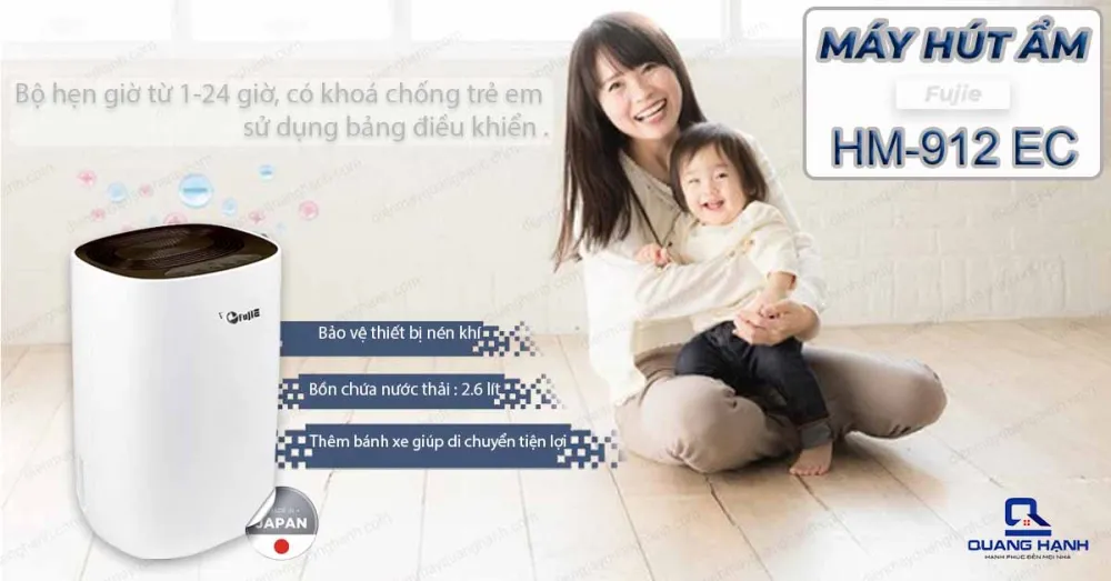 Máy hút ẩm Fujie HM-912 EC- N được trang bị bảo vệ nén khí nên sẽ đưa ra công suất hút cao, có khóa chống trẻ em sử dụng bằng điều khiển