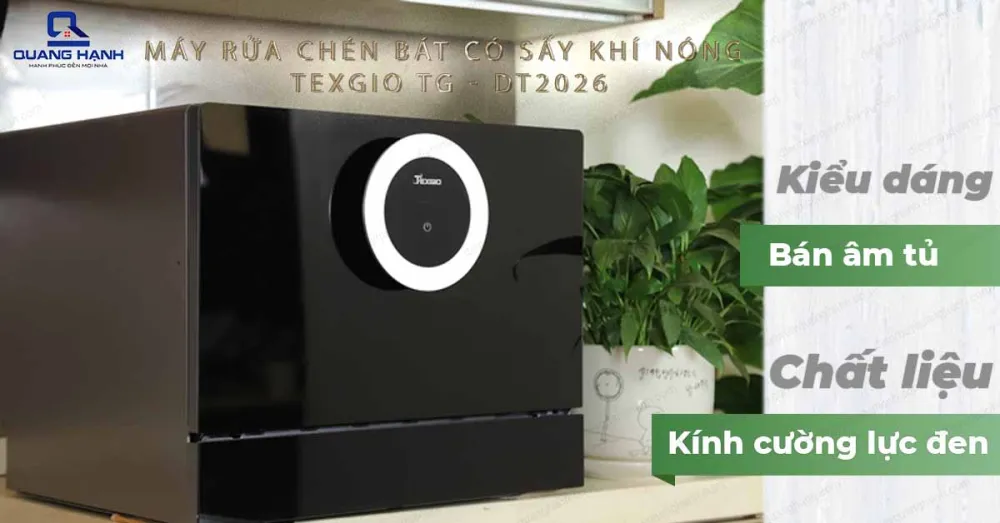 Máy rửa chén bát có sấy khí nóng Texgio TG-DT2026 có kiểu dáng bán âm tủ cùng chất liệu kính cường lực đen sang trọng
