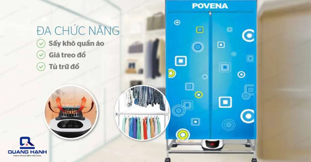 Tủ sấy quần áo Povena PVN-CD1215 sấy khô nhanh nhờ công suất sấy mạnh mẽ.