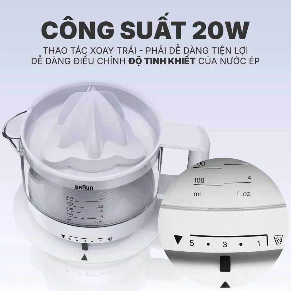 Máy vắt cam Braun CJ3000WH sở hữu công suất 20W