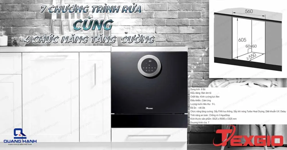 Máy rửa chén bát có sấy khí nóng Texgio BI205 được trang bị 7 chương trình rửa cùng 7 chức năng tăng cường vô cùng hiện đại
