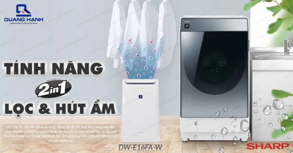 Máy hút ẩm Sharp DW 16FAW không những lọc sạch không khí còn được trang bị thêm chức năng hút ẩm.