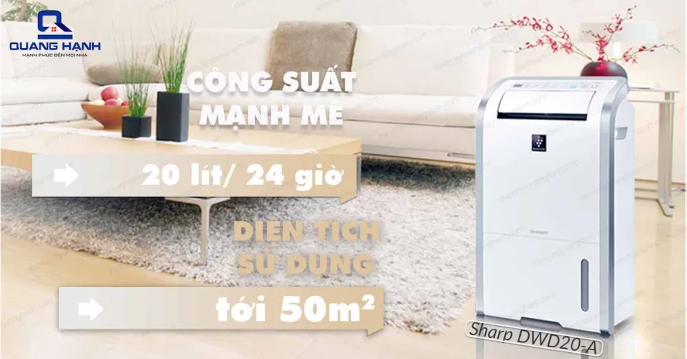 Máy hút ẩm Sharp DW-D20A-W có công suất mạnh mẽ 20l/24h với diện tích sử dụng lên tới 50m2