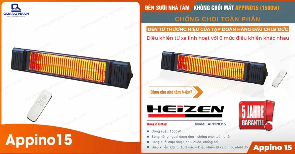 Đèn sưởi nhà tắm Heizen APPINO 15 có trang bị điều khiển từ xa linh hoạt với 6 mức điều khiển khác nhau.