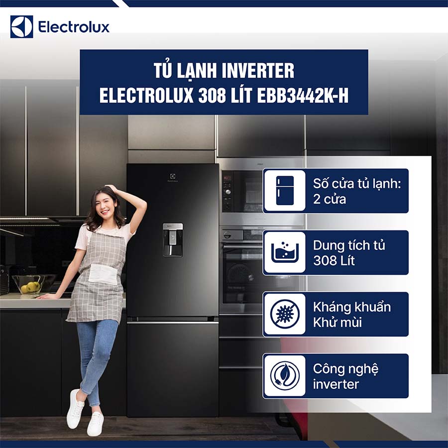 Tủ lạnh Electrolux Inverter 308 lít EBB3442K-H