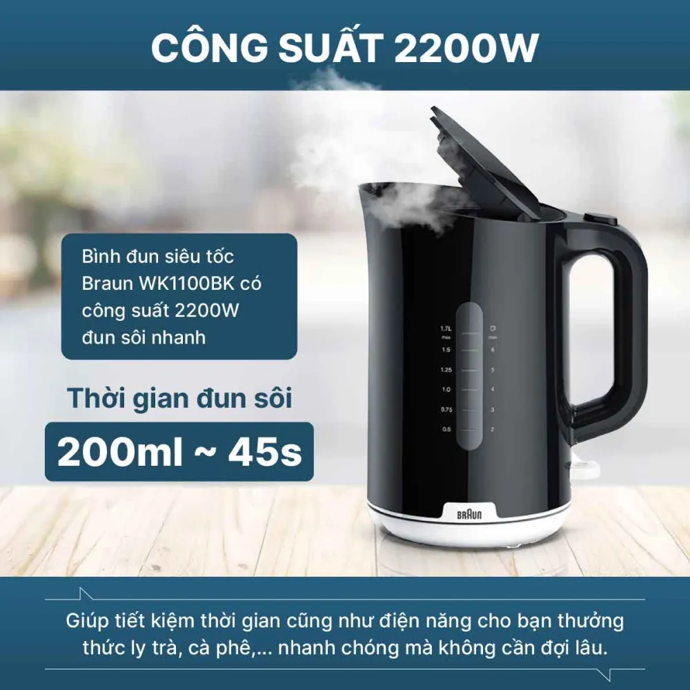 Đun nước nhanh chóng, tiết kiệm thời gian với công suất 2200W