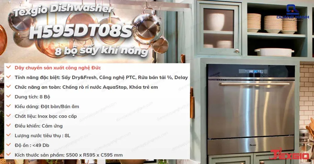 Máy rửa chén bát Texgio H595DT08S đa dạng chương trình rửa