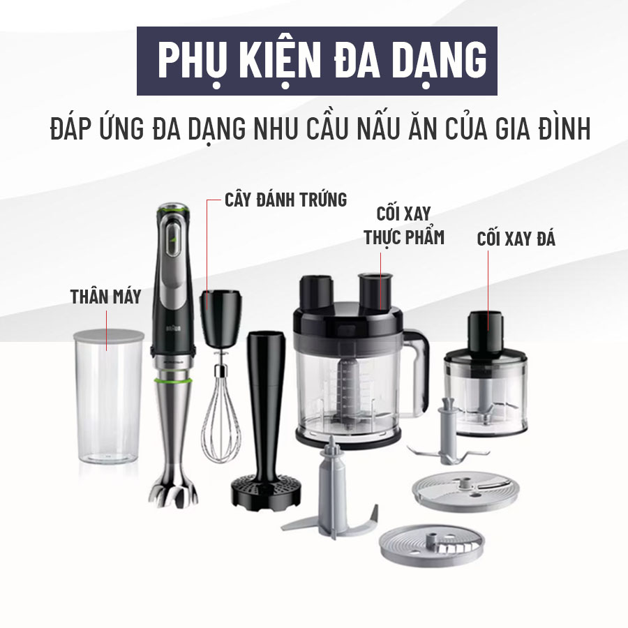 Máy xay cầm tay Braun đa dạng phụ kiện, tháo lắp dễ dàng