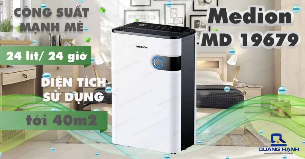 Máy hút ẩm Medion MD19679 có công suất mạnh mẽ 24l/24h và diện tích sử dụng lên đến 40m2