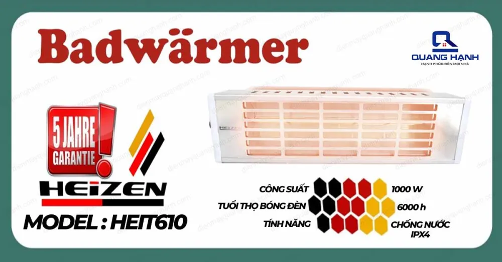 Đèn sưởi nhà tắm Heizen HE- IT610 có công suất 1000W mạnh mẽ cùng tuổi thọ bóng đèn lên đến 6000h cũng như khả năng chống nước tuyệt đói IPX4