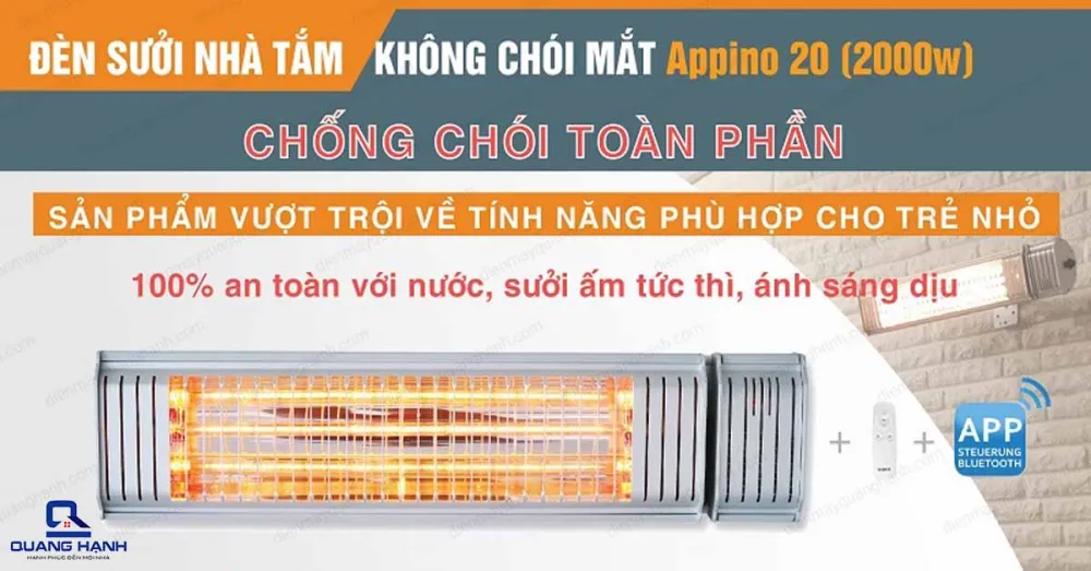 Đèn sưởi nhà tắm Heizen Appino 20 chống chói toàn phần, an toàn sử dụng cho trẻ nhỏ.