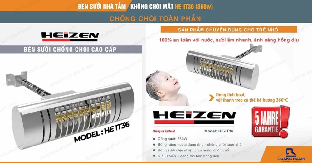 Đèn sưởi nhà tắm Heizen HE-IT36 sử dụng linh hoạt với thanh treo bẻ 360 độ