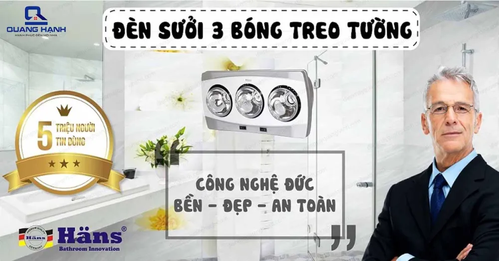 Đèn sưởi nhà tắm Hans 3 bóng H3B mang công nghệ Đức đảm bảo bền, đẹp, an toàn.