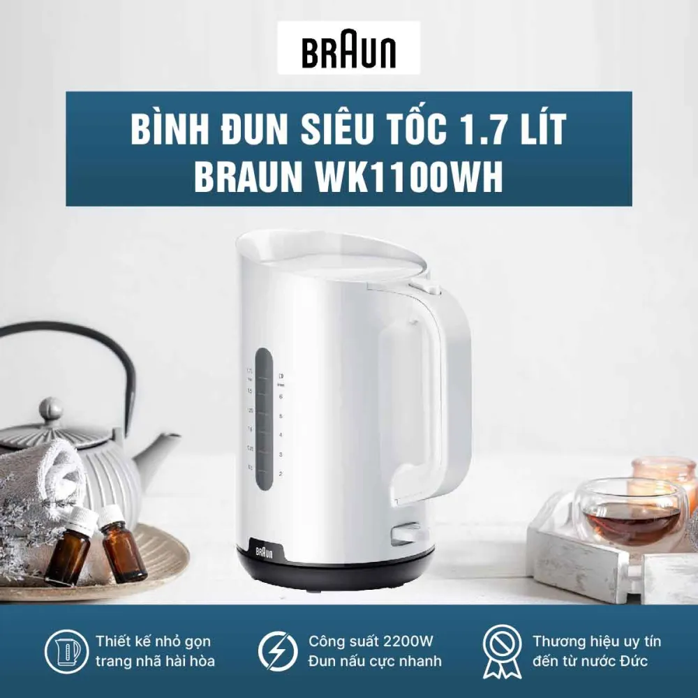 Bình đun siêu tốc Braun WK1100WH có dung tích lớn 1.7 lít