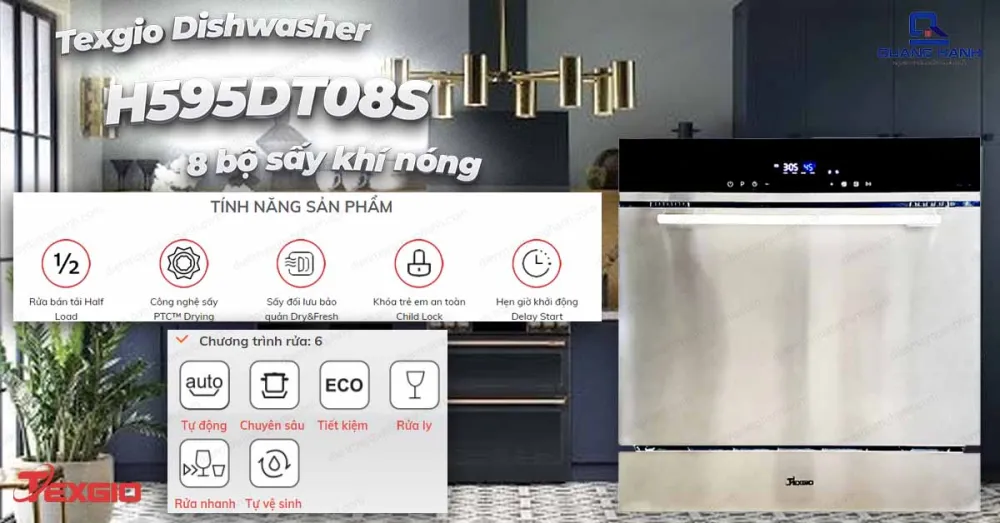 Máy rửa chén bát có sấy khí nóng Texgio H595DT08S