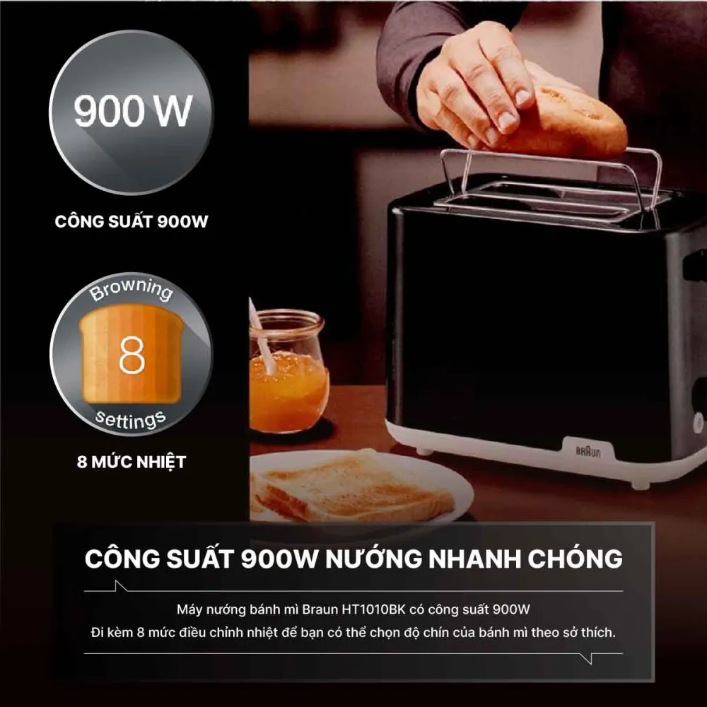 Công suất mạnh mẽ 900W, 8 mức điều chỉnh nhiệt độ linh hoạt
