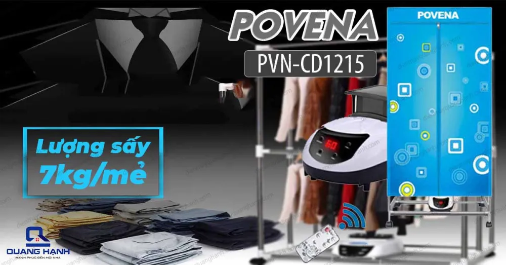 Tủ sấy quần áo Povena PVN-CD1215 1 mẻ có thể sấy khô đồng loạt 7kg quần áo.