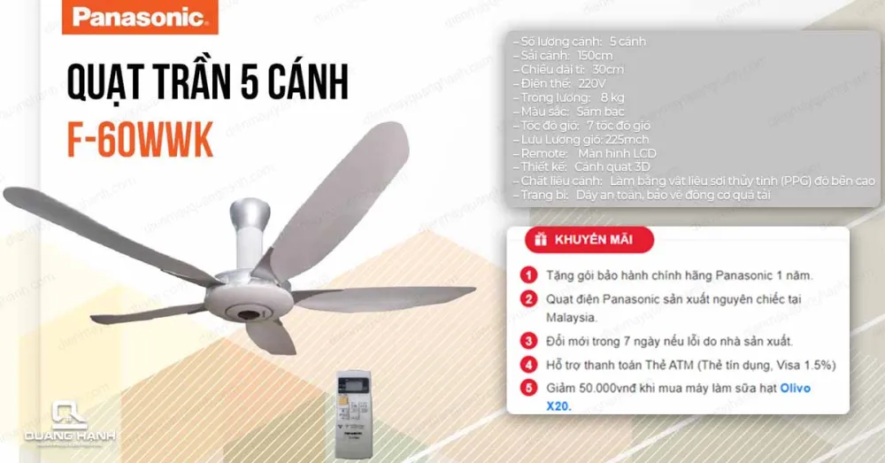 Quạt trần Panasonic 5 cánh F-60WWK
