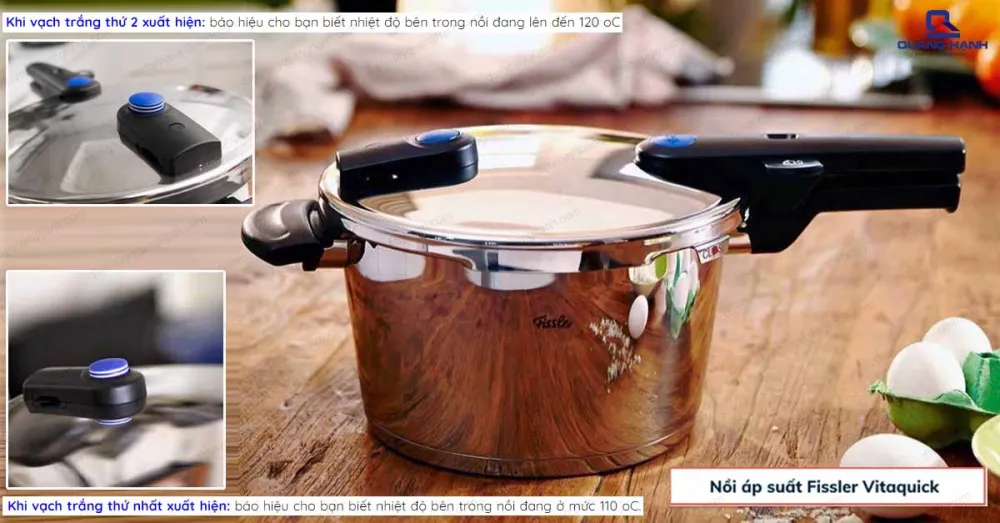 Nồi áp suất Fissler Vitaquick 6L trang bị vạch báo hiệu áp suất nhiệt độ tiện lợi, an toàn.