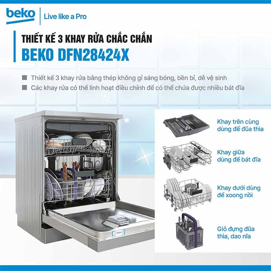 Máy rửa bát độc lập Beko DFN28424X 14 bộ