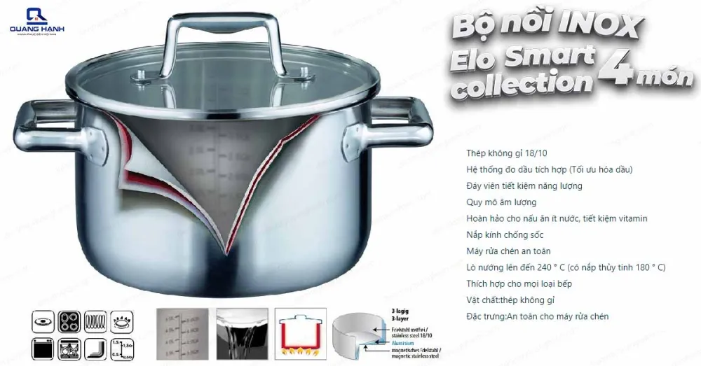 Bộ nồi inox Elo Smart collection 4 chiếc nắp kính