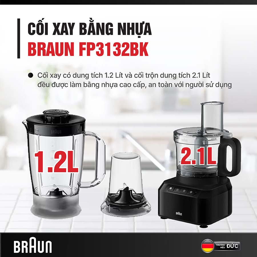 Máy xay đa năng Braun FP3132BK cối xay trong suốt tiện quan sát