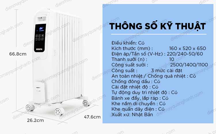thông số kĩ thuật của máy sưởi dầu HK-6102E