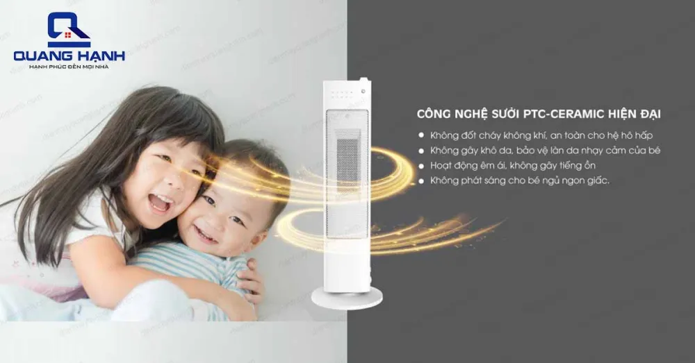 Máy sưởi tháp Korihome EHK-368 sử dụng công nghệ sưởi PTC Ceramic không đốt cháy không khí, không gây khô da.