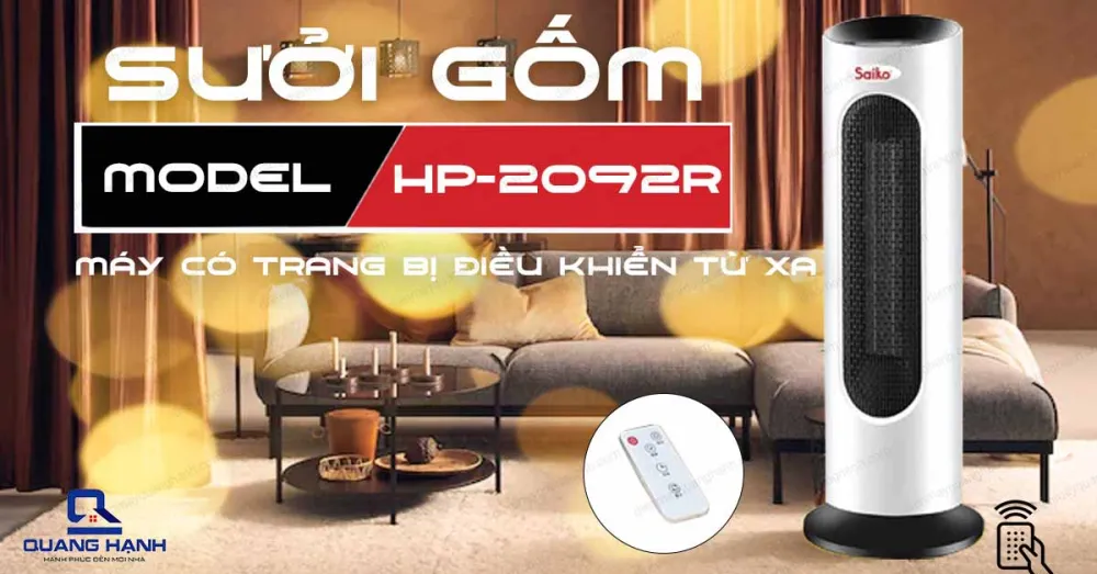 Quạt sưởi gốm Saiko HP-2092R được trang bị điều khiển từ xa rất tiện lợi và hiện đại.