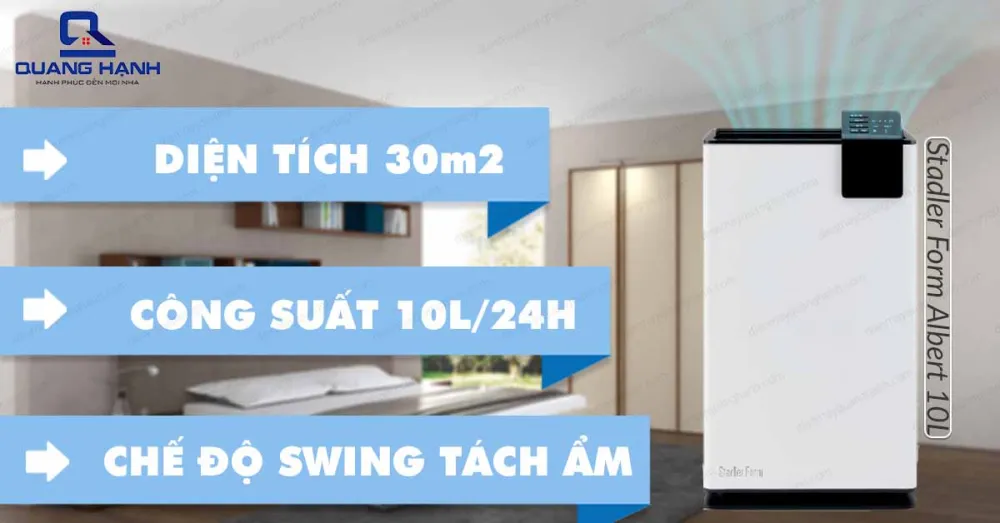Máy hút ẩm Stadler Form Albert10l có công suất hút mạnh mẽ cùng diện tích sử dụng lên tới 30m2