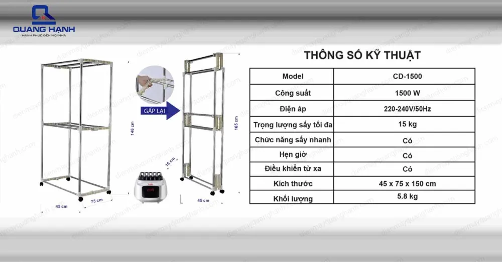 Thông số kỹ thuật tủ sấy quần áo Saiko CD-1500