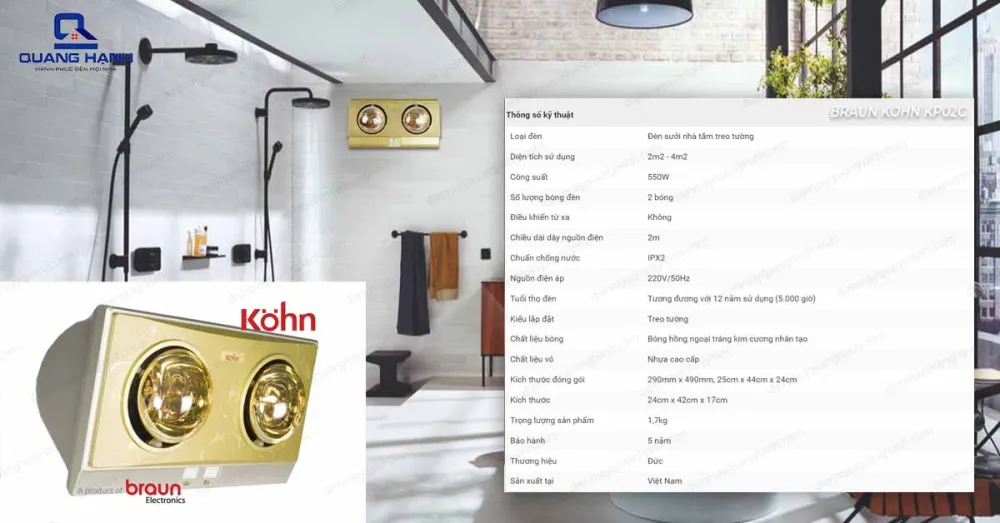 thông số kỹ thuật của Đèn sưởi nhà tắm Kohn KP02G
