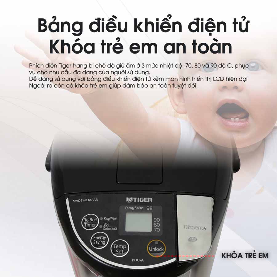 Bình thủy điện Tiger PDU-A50W hoạt động an toàn