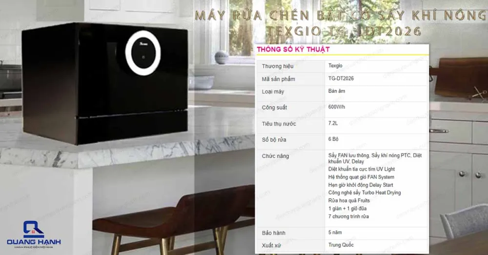 Thông số kỹ thuật của Máy rửa chén bát Texgio TG-DT2026