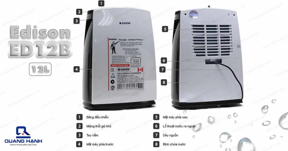 Máy hút ẩm Edison ED12B có diện tích sử dụng từ 10-20m2.