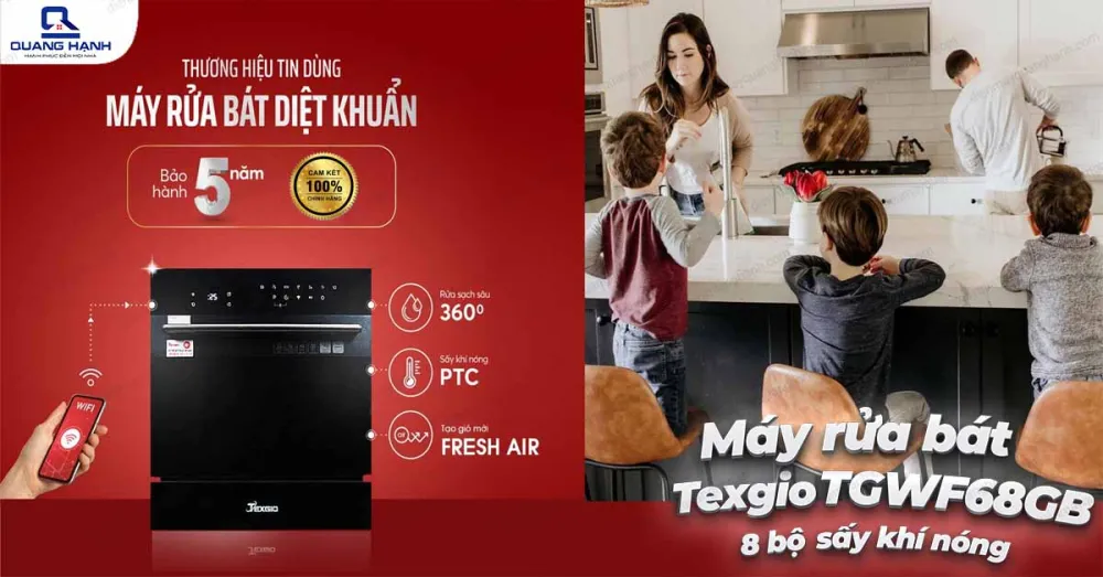 Máy Rửa Chén Bát Wifi 8 Bộ Sấy Khí Nóng Texgio TGWF68GB