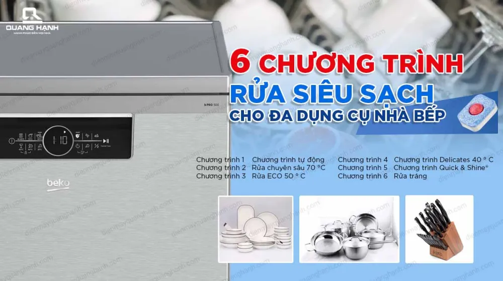 Linh hoạt với 6 chương trình rửa máy rửa bát Beko