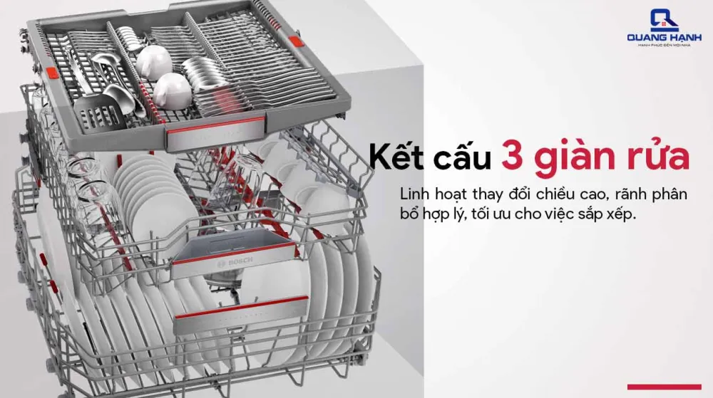 Hệ thống giỏ MaxFlex gồm 3 giàn rửa rộng rãi, sắp xếp linh hoạt
